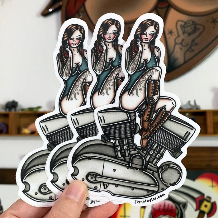 American Traditional tattoo flash illustration Harley Motorcycle K-Model Engine Pinup watercolor sticker.