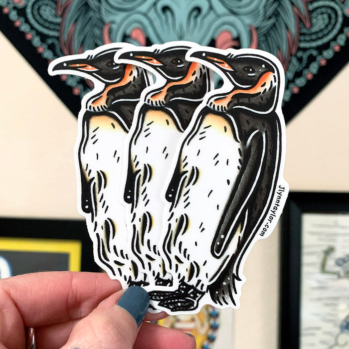 American traditional tattoo flash wildlife illustration King Penguin watercolor sticker.