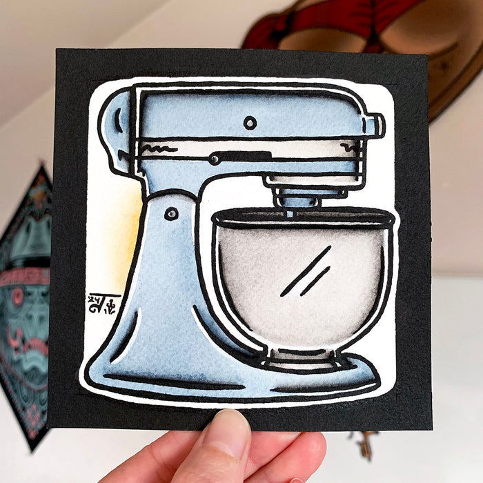 American traditional tattoo flash illustration Kitchen Aid Mixer watercolor painting.