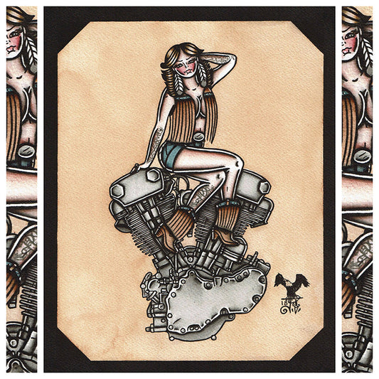 American Traditional tattoo flash sexy Harley-Davidson Knucklehead engine pinup spitshade painting.