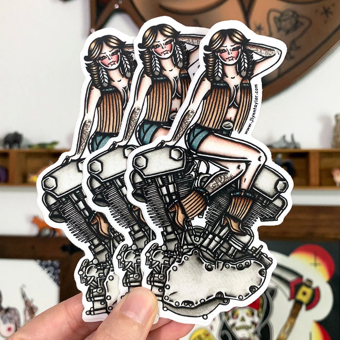 American Traditional tattoo flash illustration Knucklehead Engine Pinup watercolor sticker.