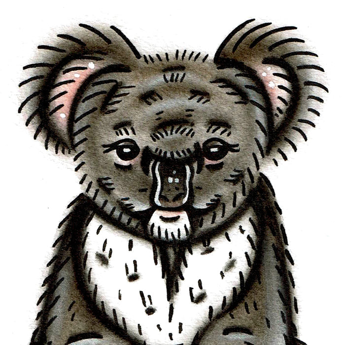 American traditional tattoo flash wildlife illustration Koala Bear ink and watercolor painting.