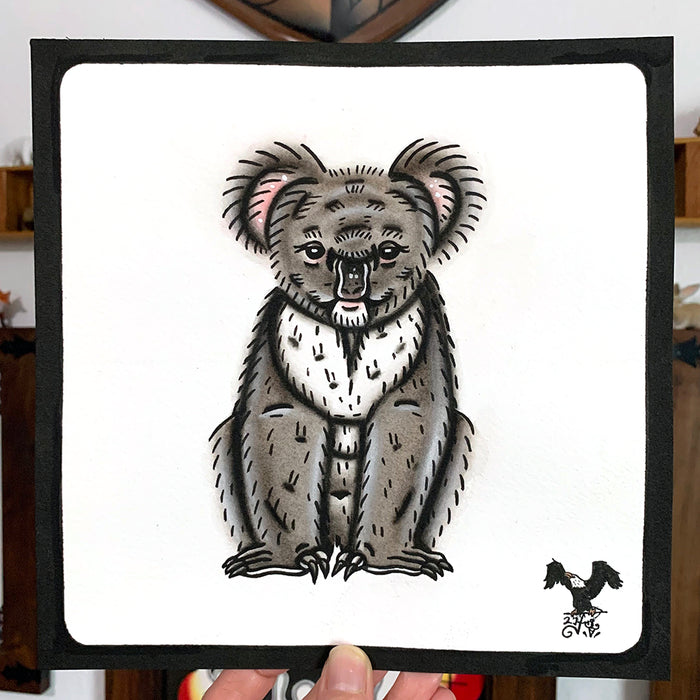 American traditional tattoo flash wildlife illustration Koala Bear ink and watercolor painting.