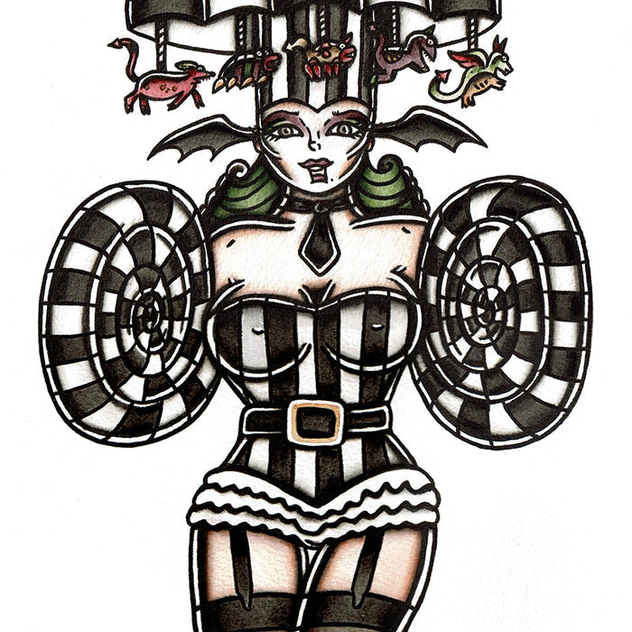 American Traditional tattoo flash Lady Beetlejuice Pinup watercolor painting.