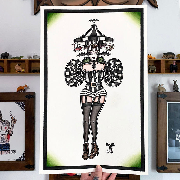 American Traditional tattoo flash Lady Beetlejuice Pinup watercolor painting.