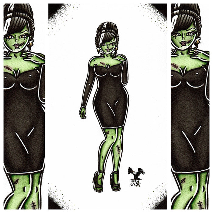 American Traditional tattoo flash Frankenstein Pinup watercolor painting.