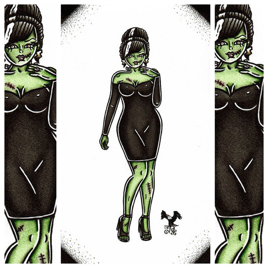 American Traditional tattoo flash Frankenstein Pinup watercolor painting.