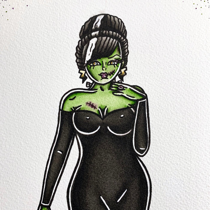 American Traditional tattoo flash Frankenstein Pinup watercolor painting.