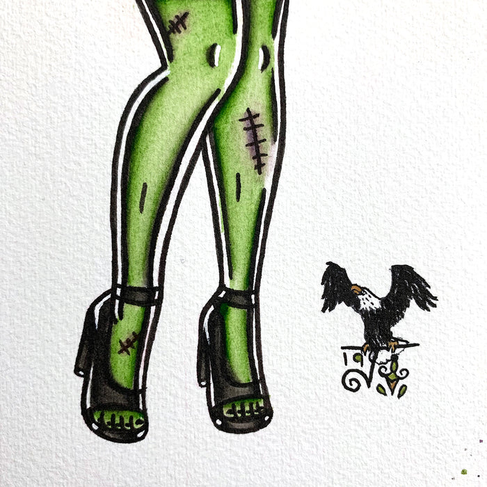 American Traditional tattoo flash Frankenstein Pinup watercolor painting.