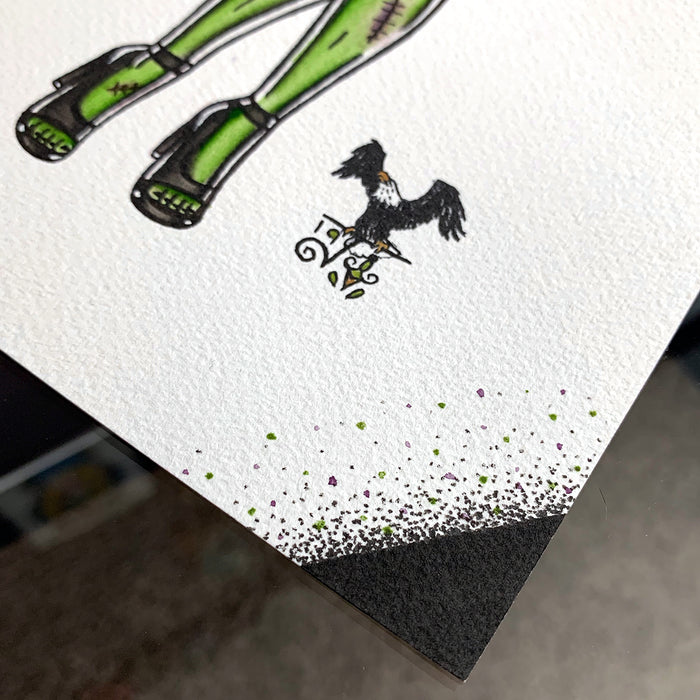 American Traditional tattoo flash Frankenstein Pinup watercolor painting.