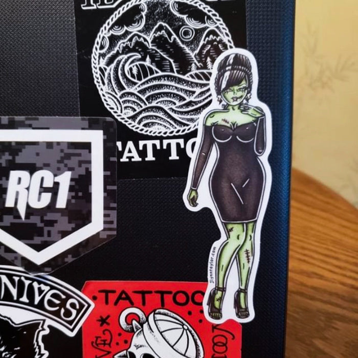 American Traditional tattoo flash Lady Frankenstein Pinup watercolor sticker.