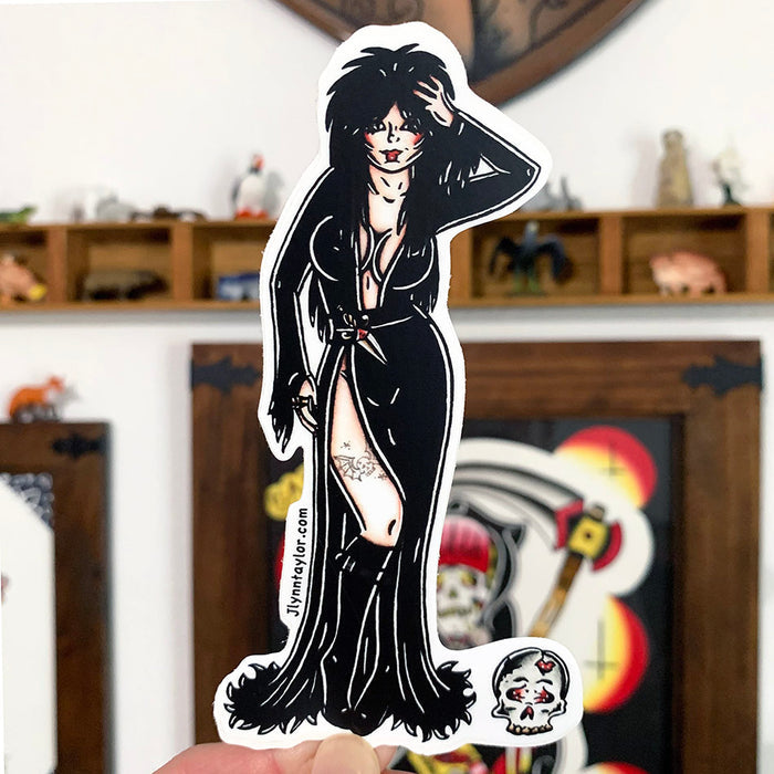 American traditional tattoo flash Gothic Elvira Mistress of the Dark  Pinup sticker.