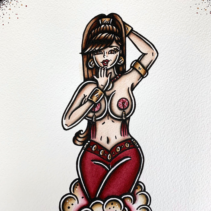 American Traditional tattoo flash Burlesque Genie Pinup watercolor painting.