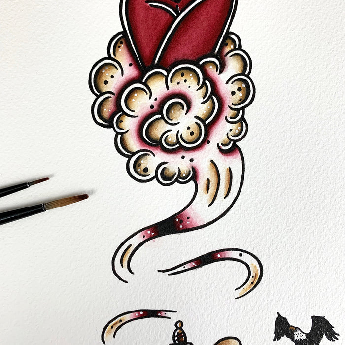 American Traditional tattoo flash Burlesque Genie Pinup watercolor painting.