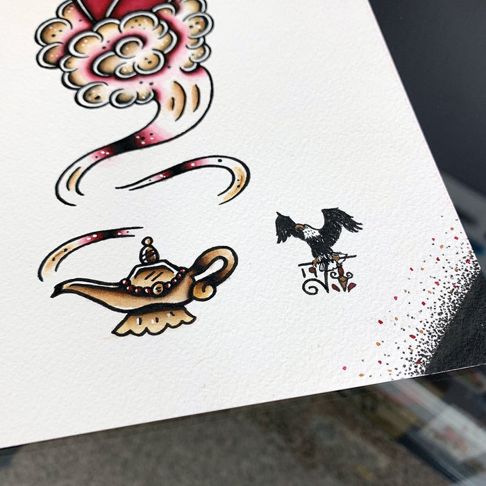 American Traditional tattoo flash Burlesque Genie Pinup watercolor painting.