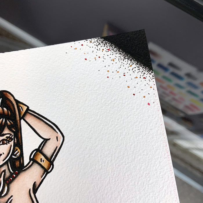 American Traditional tattoo flash Burlesque Genie Pinup watercolor painting.