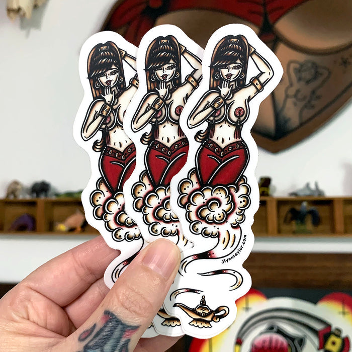 American traditional tattoo flash illustration Burlesque Lamp Genie Pinup watercolor sticker.