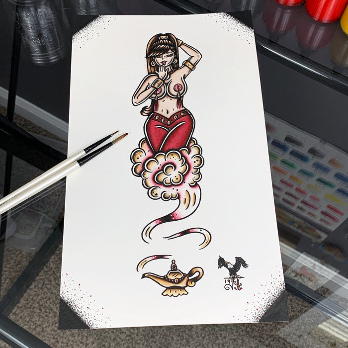 American traditional tattoo flash burlesque genie pinup print.