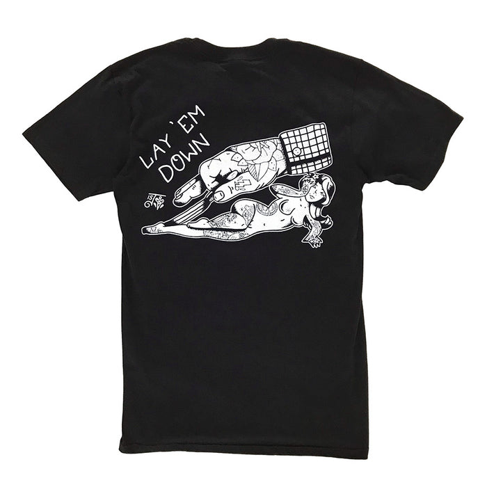 Tattoo style pinstriping hand and pinup tee shirt.