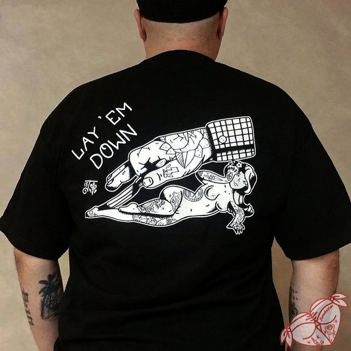Tattoo style pinstriping hand and pinup tee shirt.