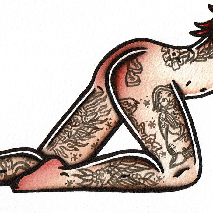 American traditional tattoo flash illustration Leather Leash Bondage Pinup watercolor painting.