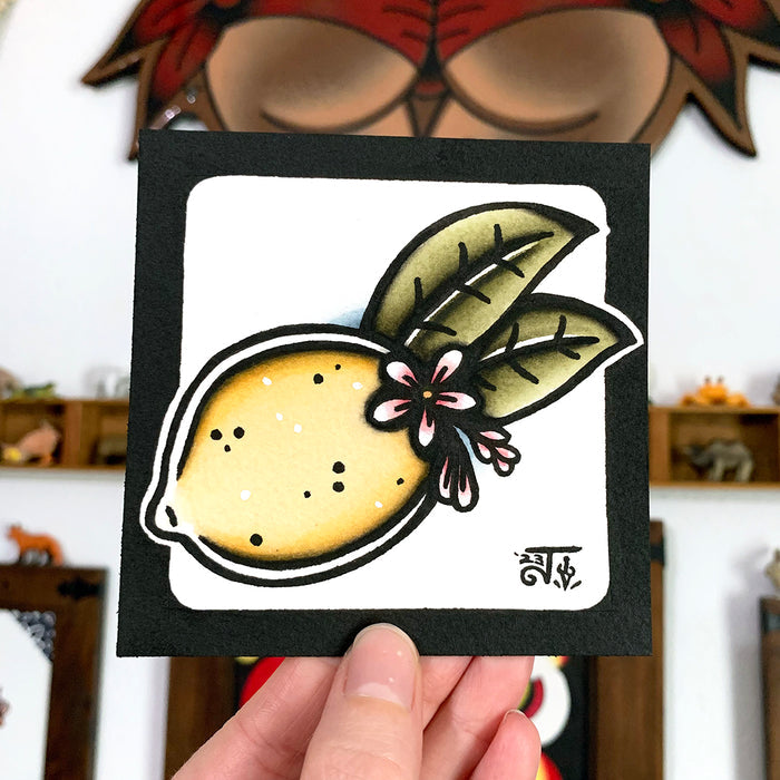 American traditional tattoo flash Lemon watercolor illustration painting.