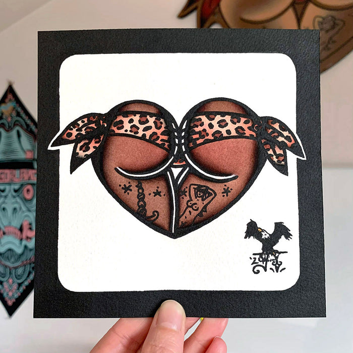 American traditional tattoo flash Leopard Print African Scrunch Butt Booty Heart watercolor painting..