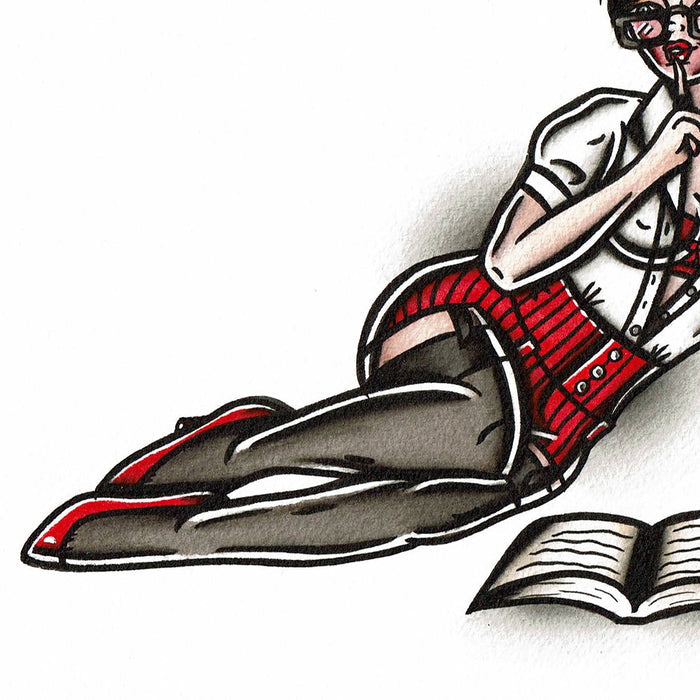 American traditional tattoo flash illustration sexy Librarian Pinup watercolor painting.