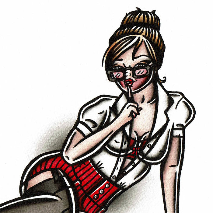 American traditional tattoo flash illustration sexy Librarian Pinup watercolor painting.