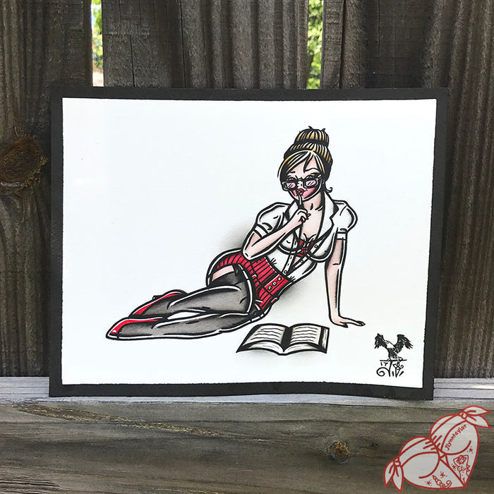 American traditional tattoo flash illustration sexy Librarian Pinup watercolor painting.