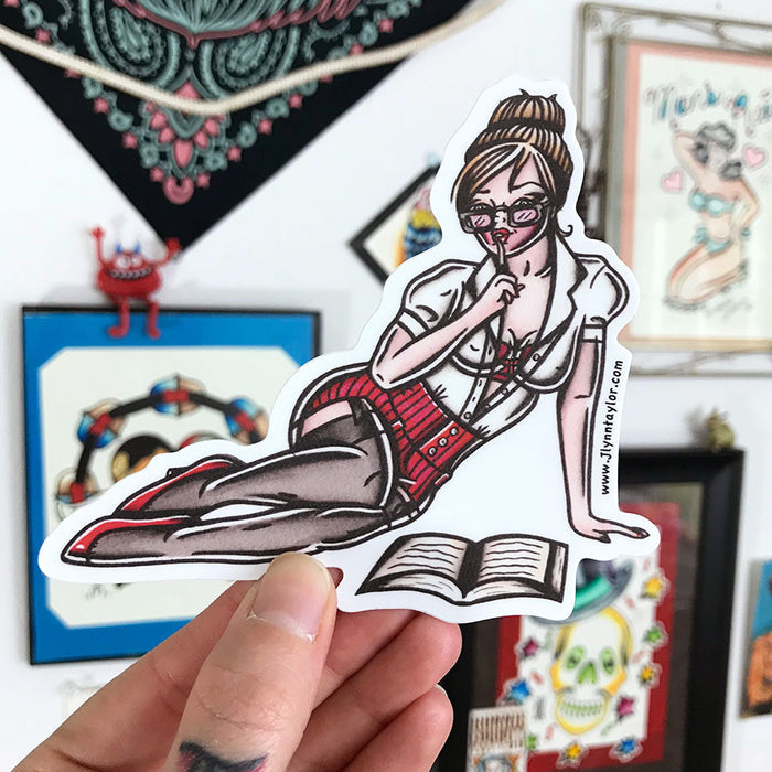 American Traditional tattoo flash sexy reading librarian pinup sticker.