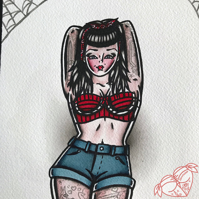 American Traditional tattoo flash Rockabilly Pinup watercolor painting.
