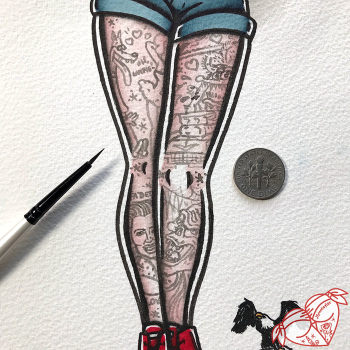 American Traditional tattoo flash Rockabilly Pinup watercolor painting.