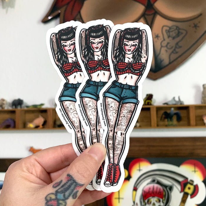 American traditional tattoo flash Rockabilly Pinup watercolor sticker.