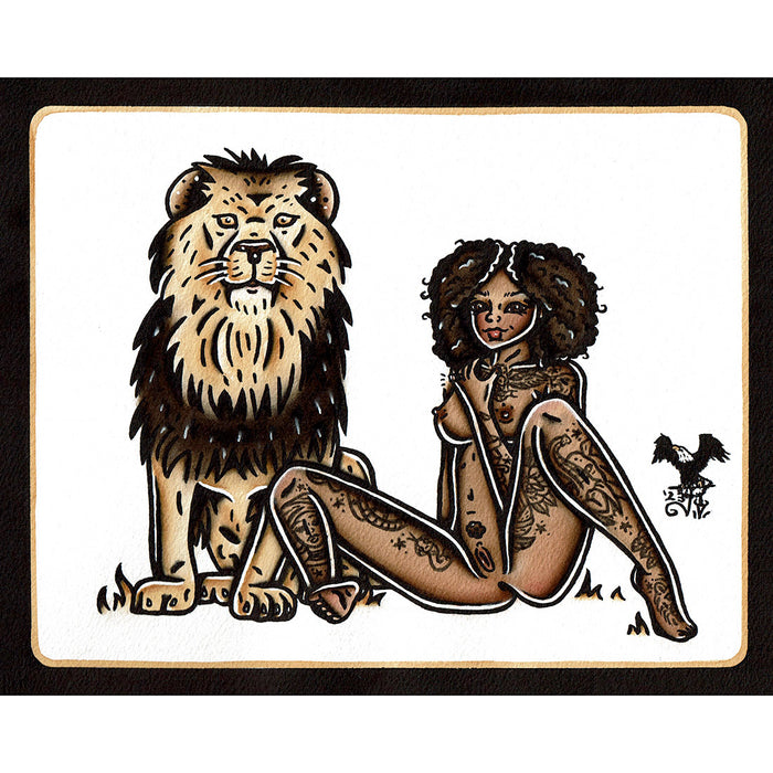 American traditional tattoo flash illustration African Lion Pinup watercolor painting.