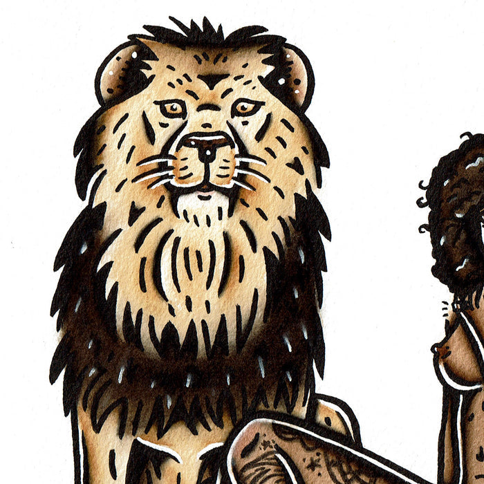 American traditional tattoo flash illustration African Lion Pinup watercolor painting.