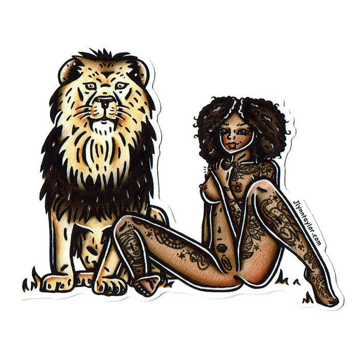 American traditional tattoo flash illustration Lion Pinup Watercolor sticker.