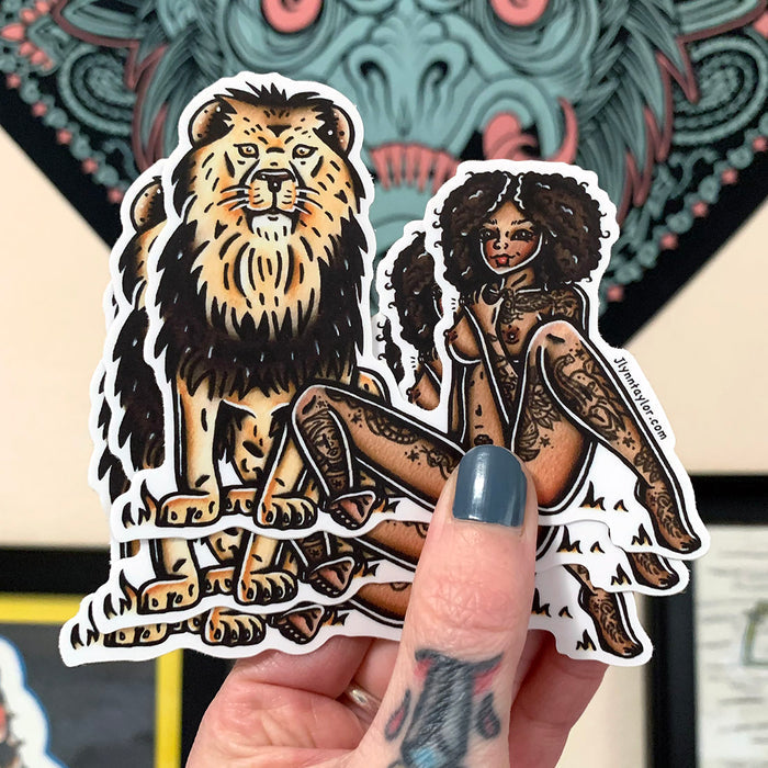 American traditional tattoo flash illustration Lion Pinup Watercolor sticker.