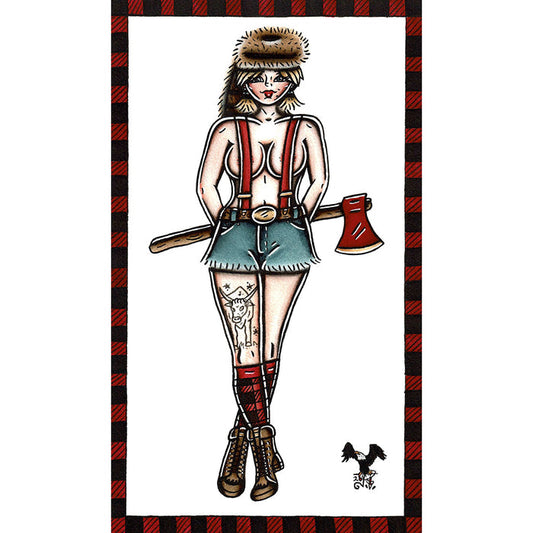 American Traditional tattoo flash Lumberjack Pinup watercolor painting.