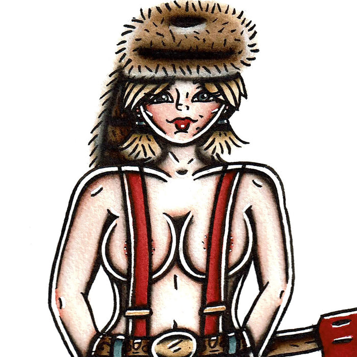American Traditional tattoo flash Lumberjack Pinup watercolor painting.