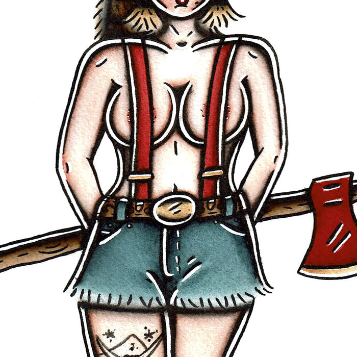 American Traditional tattoo flash Lumberjack Pinup watercolor painting.