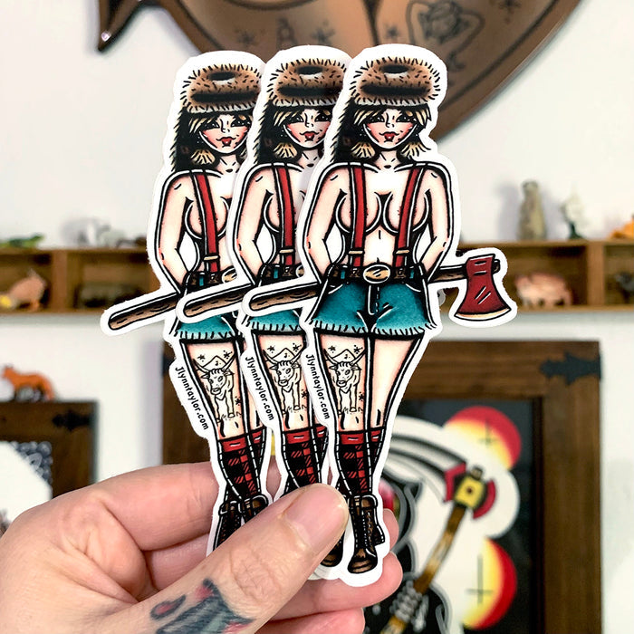 American traditional tattoo flash Lumberjack Pinup watercolor sticker.