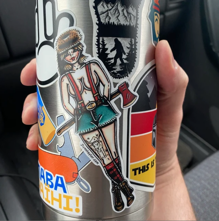 American traditional tattoo flash Lumberjack Pinup watercolor sticker.