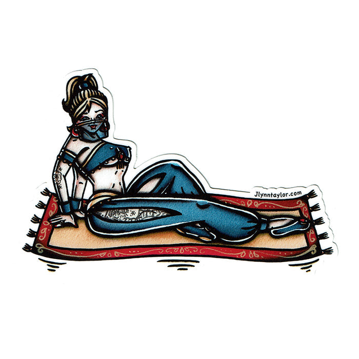 American traditional tattoo flash illustrationMagic Carpet Genie Pinup watercolor sticker.