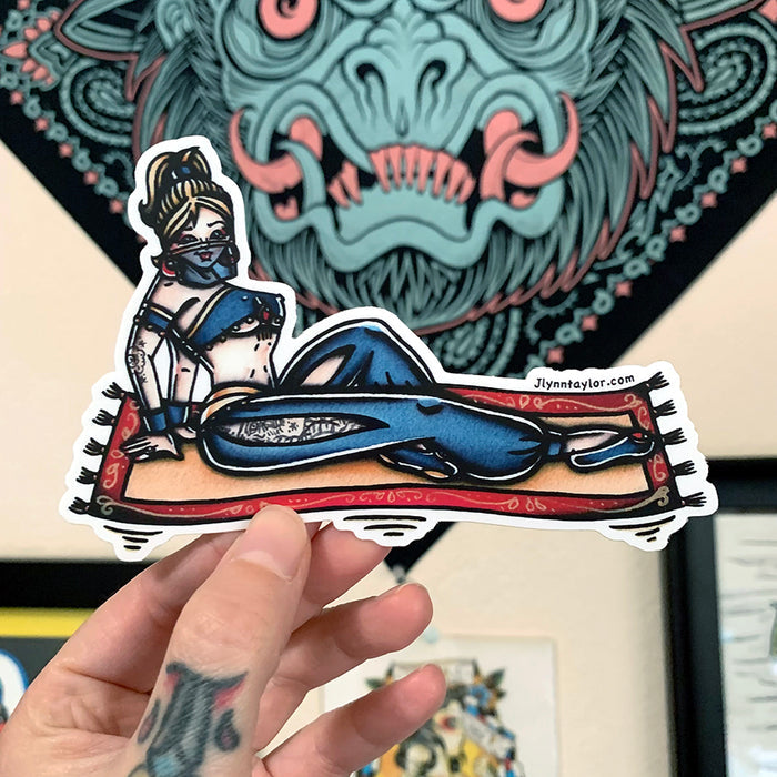 American traditional tattoo flash illustrationMagic Carpet Genie Pinup watercolor sticker.