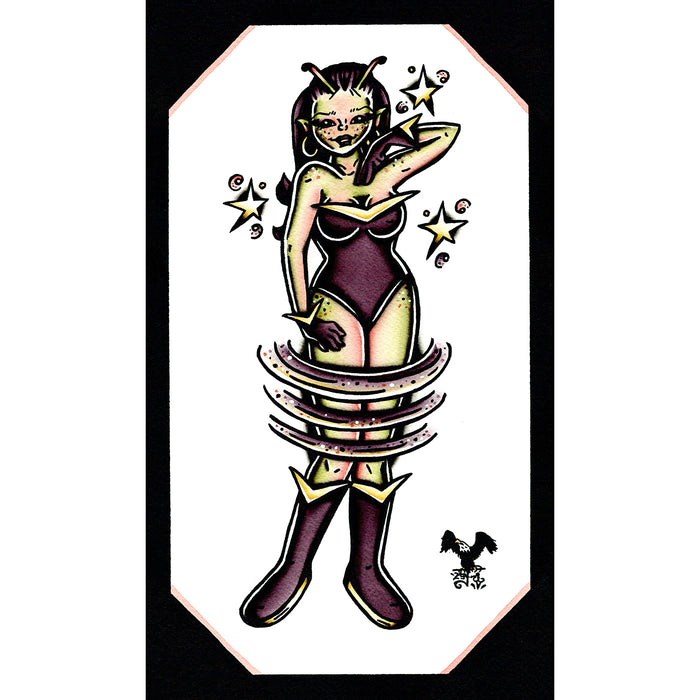 American traditional tattoo flash illustration Alien Martian pinup watercolor painting.