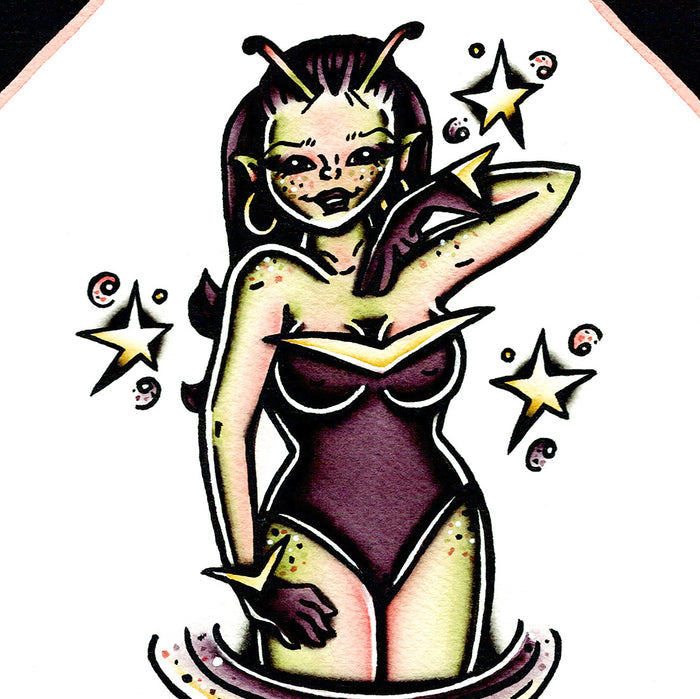 American traditional tattoo flash illustration Alien Martian pinup watercolor painting.