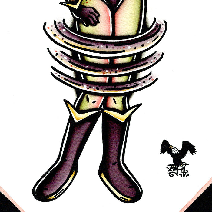 American traditional tattoo flash illustration Alien Martian pinup watercolor painting.