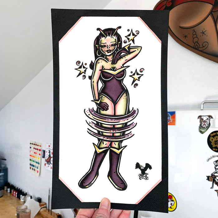 American traditional tattoo flash illustration Alien Martian pinup watercolor painting.