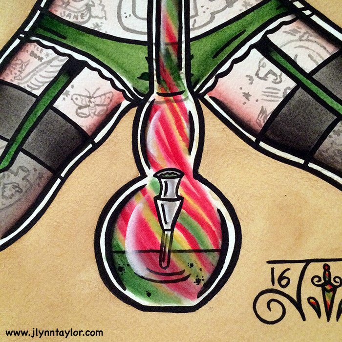 American Traditional tattoo flash sexy 420 maryjane and bong pinup spitshade painting.